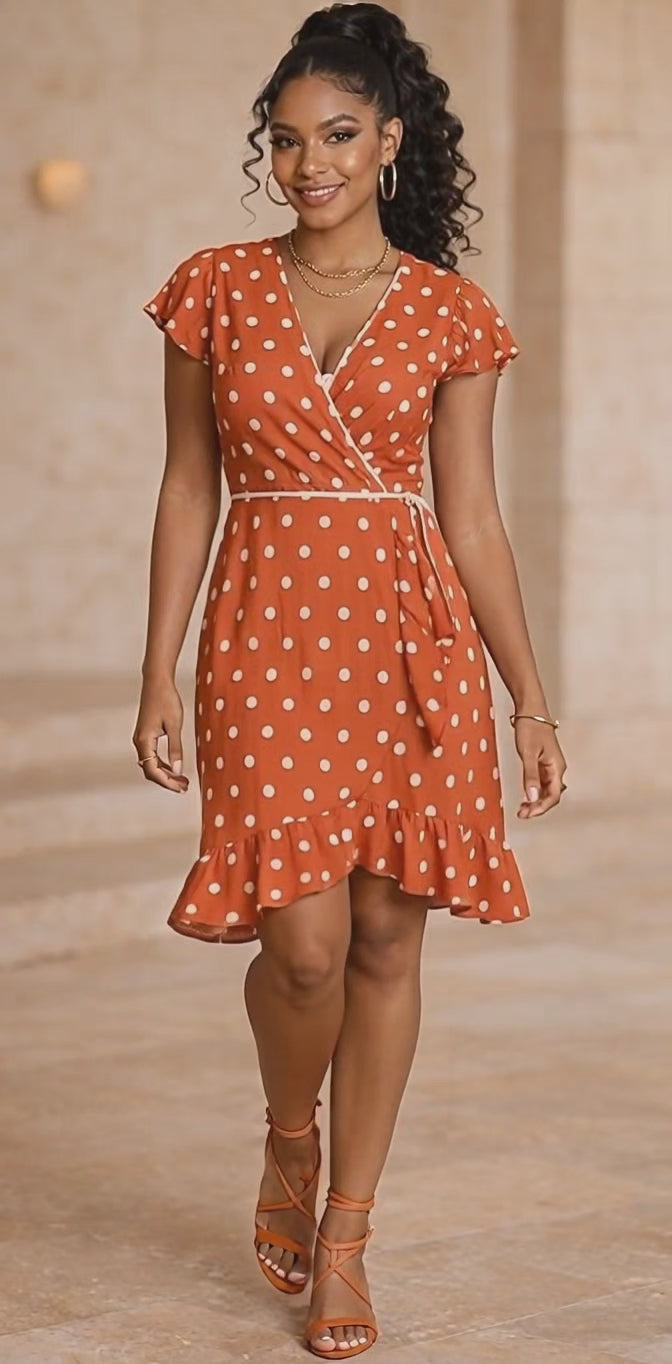 Rich and Rich Orange Polka Dot Women’s Tea Dress – Designer Elegance with Timeless Charm