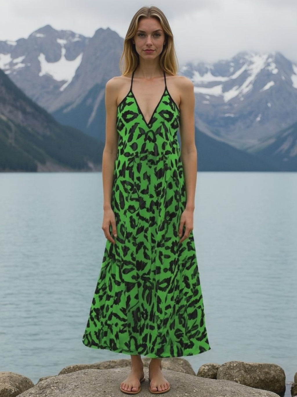 Rich and Rich Green Abstract Women's Backless Halterneck Dress