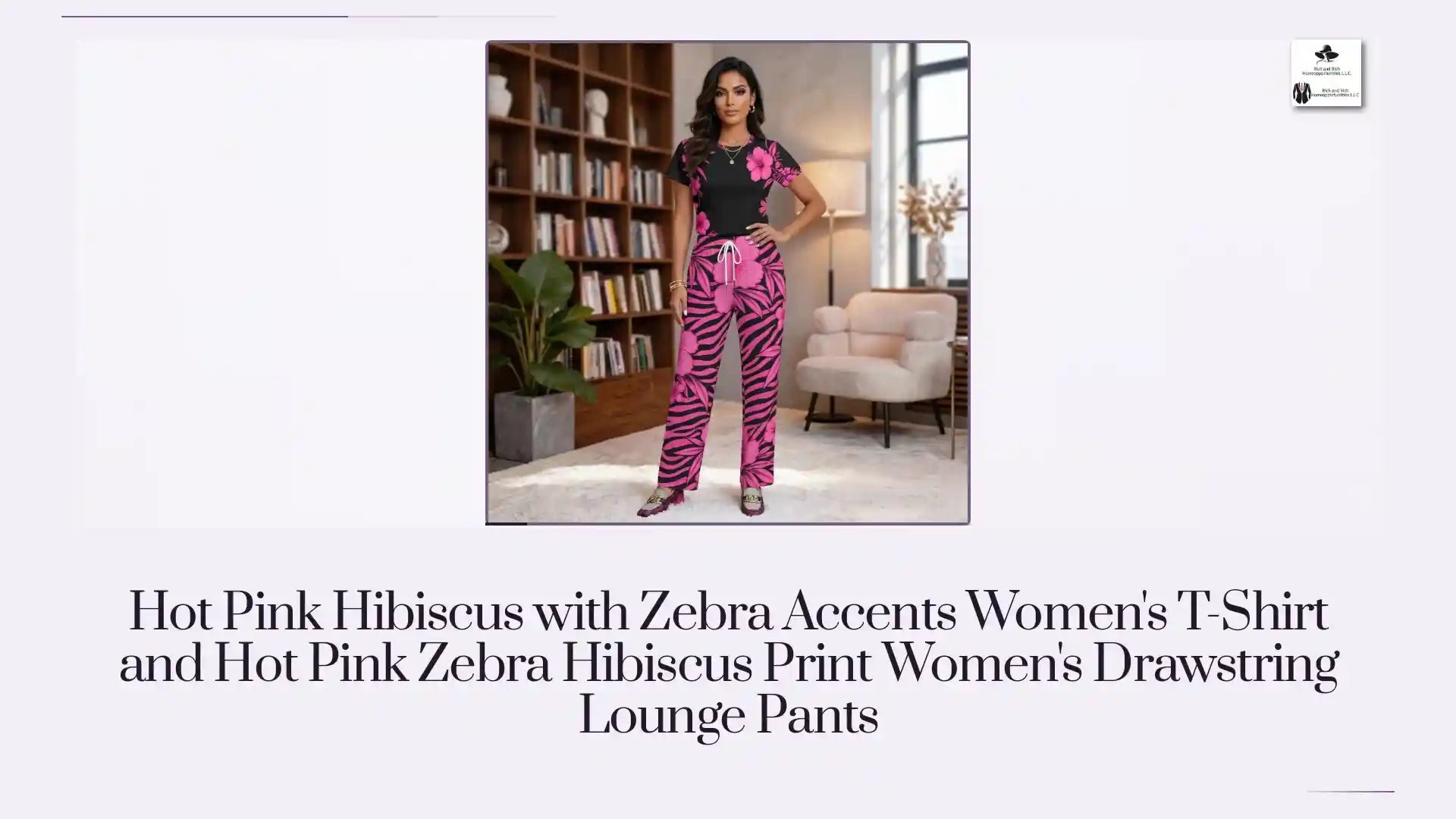 Hot Pink Hibiscus with Zebra Accents Women's T-Shirt and Hot Pink Zebra Hibiscus Print Women's Drawstring Lounge Pants by@Outfy