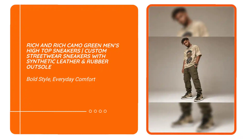 Rich and Rich Camo Green Men&rsquo;s High Top Sneakers | Custom Streetwear Sneakers with Synthetic Leather & Rubber Outsole by@Outfy