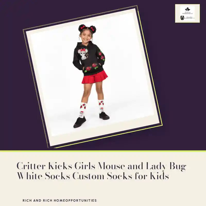 Critter Kicks Girls Mouse and Lady Bug White Socks Custom Socks for Kids by@Outfy