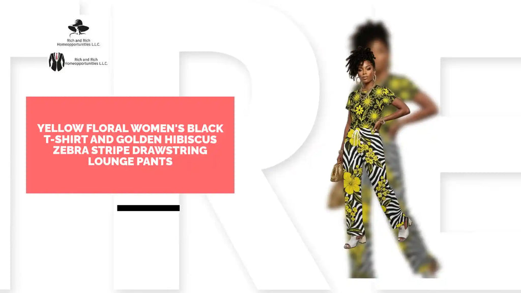Yellow Floral Women's Black T-Shirt and Golden Hibiscus Zebra Stripe Drawstring Lounge Pants by@Outfy