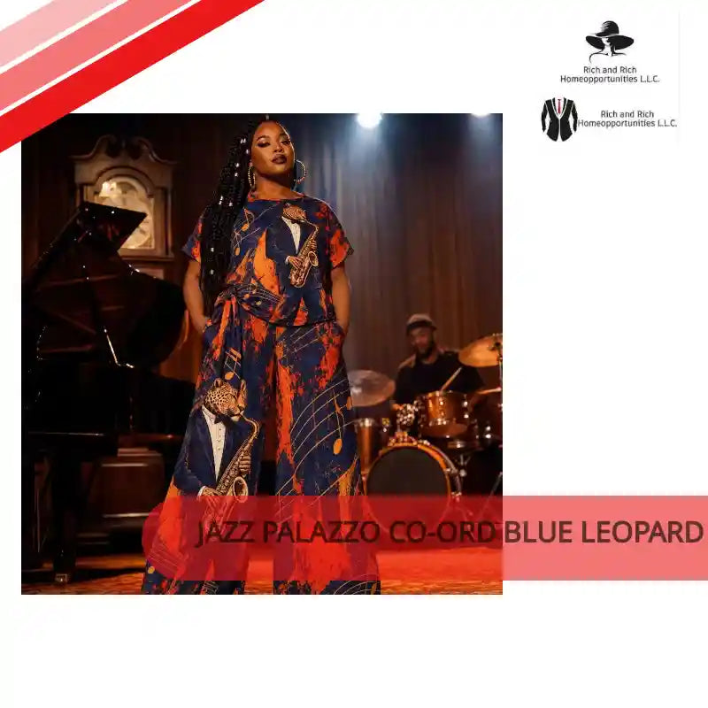 Jazz Palazzo Co-Ord Blue Leopard Saxophone Women's Pants Set by@Outfy