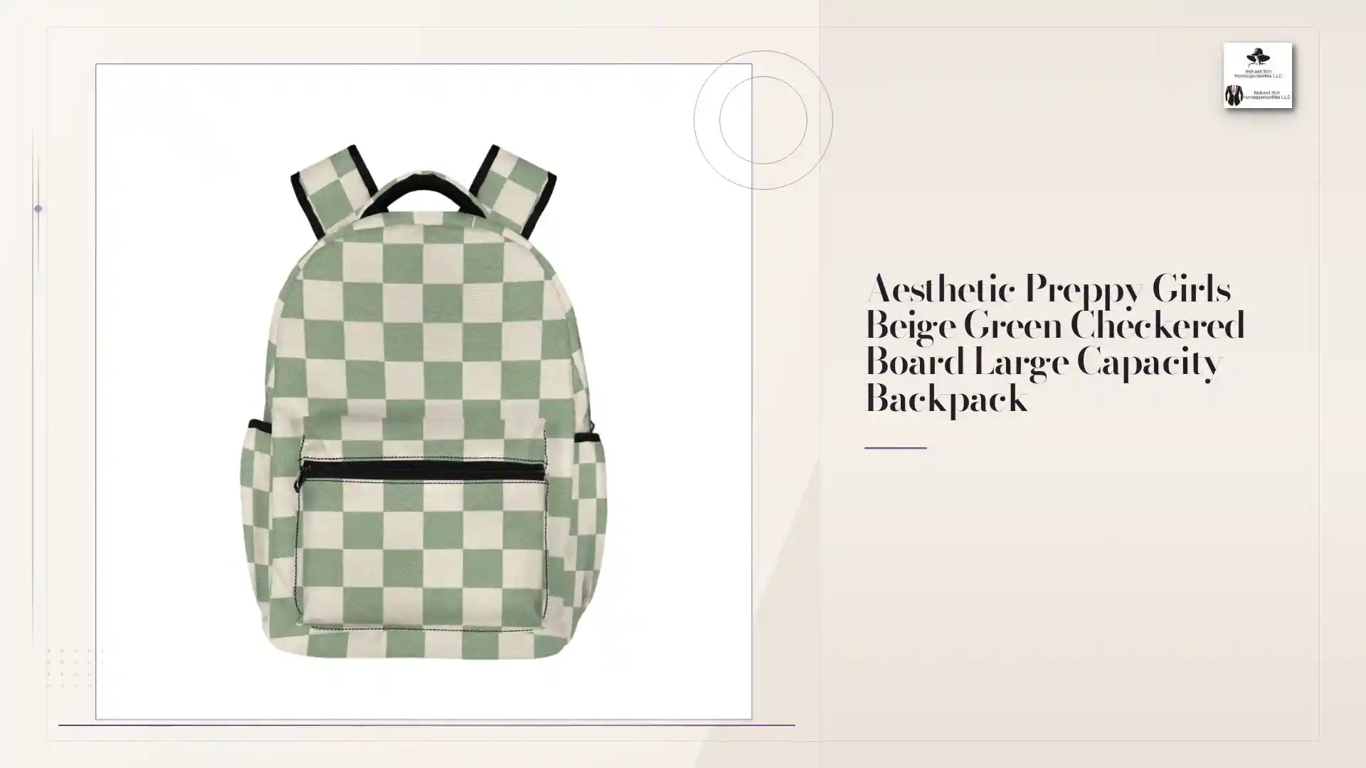 Aesthetic Preppy Girls Beige Green Checkered Board Large Capacity Backpack by@Outfy