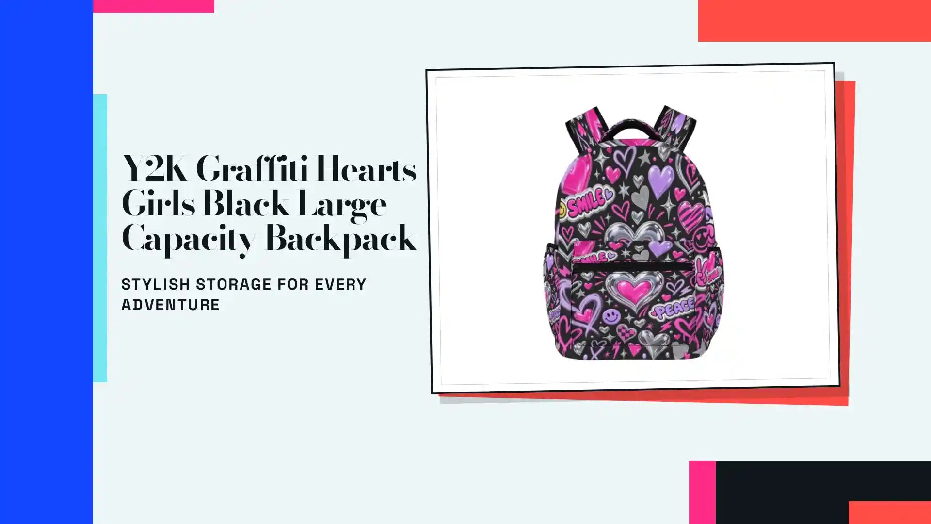 Y2K Graffiti Hearts Girls Black Large Capacity Backpack by@Outfy