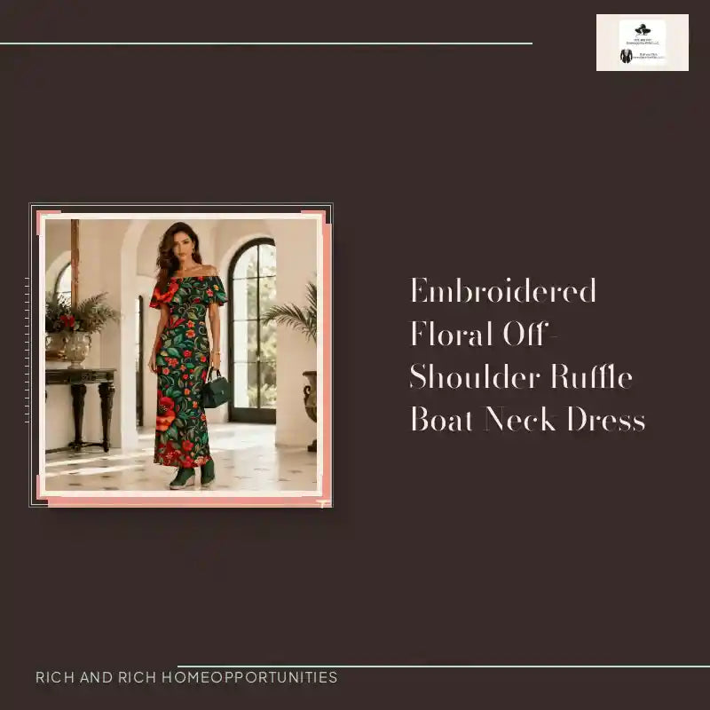 Embroidered Floral Off-Shoulder Ruffle Boat Neck Dress by@Outfy