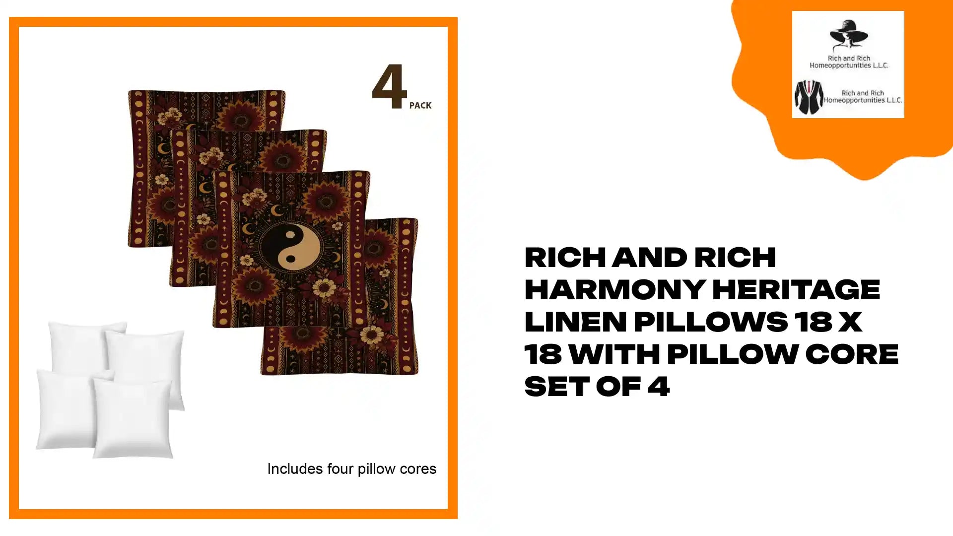 Rich and Rich Harmony Heritage Linen Pillows 18 x 18 with Pillow Core Set of 4 by@Outfy