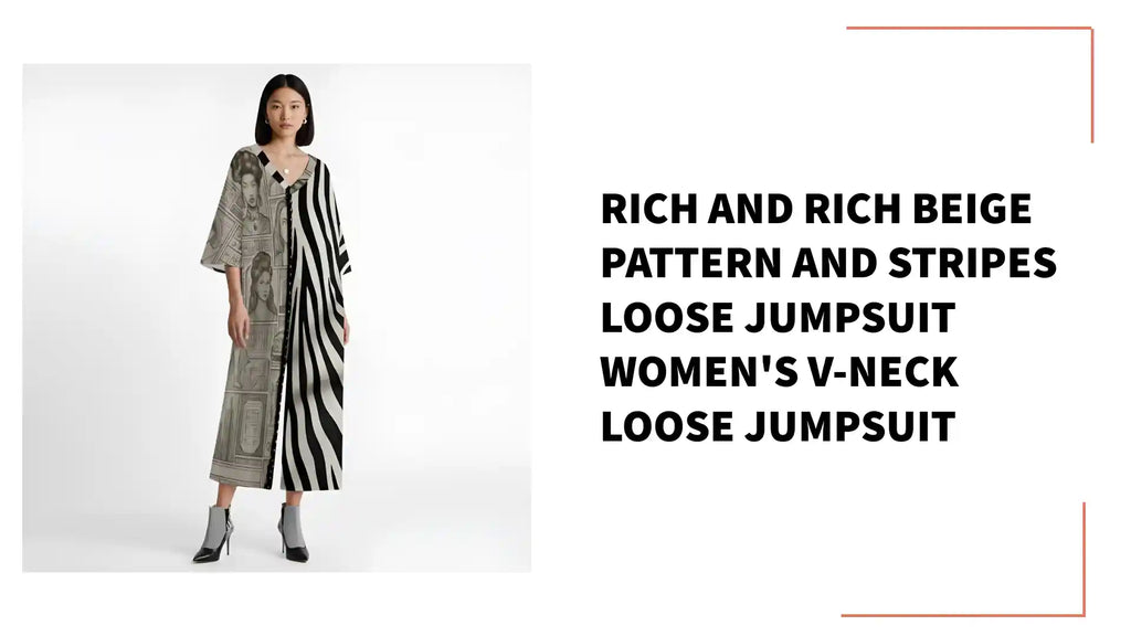 Rich and Rich Beige Pattern and Stripes Loose jumpsuit Women's V-Neck Loose Jumpsuit by@Outfy