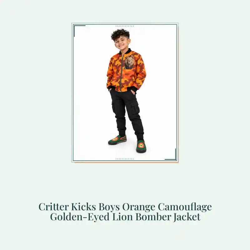 Critter Kicks Boys Orange Camouflage Golden-Eyed Lion Bomber Jacket by@Outfy