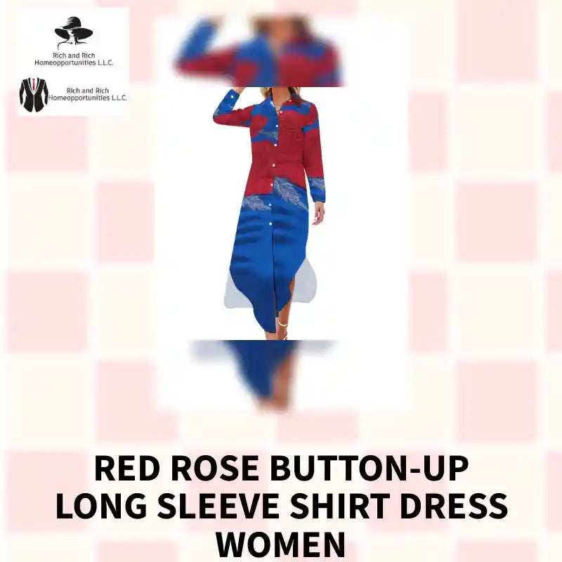 Red Rose Button-Up Long Sleeve Shirt Dress Women by@Outfy