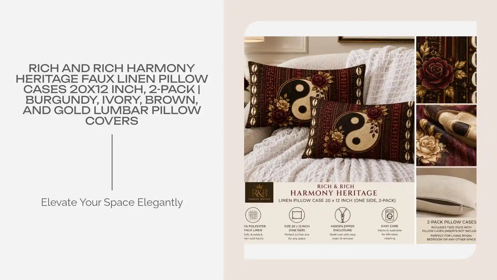 Rich and Rich Harmony Heritage Faux Linen Pillow Cases 20x12 Inch, 2-Pack | Burgundy, Ivory, Brown, and Gold Lumbar Pillow Covers by@Outfy