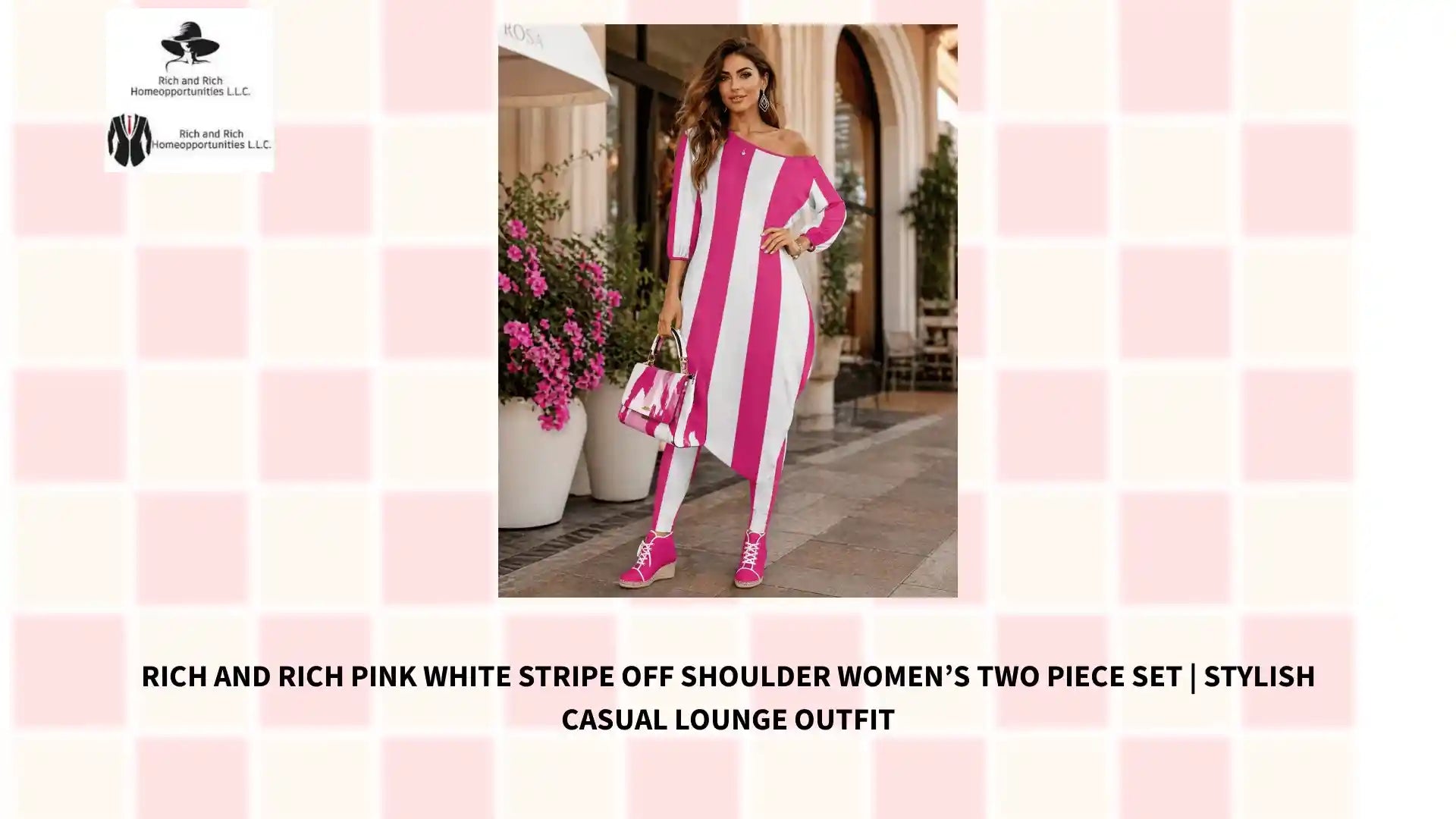 Rich and Rich Pink White Stripe Off Shoulder Women&rsquo;s Two Piece Set | Stylish Casual Lounge Outfit by@Outfy