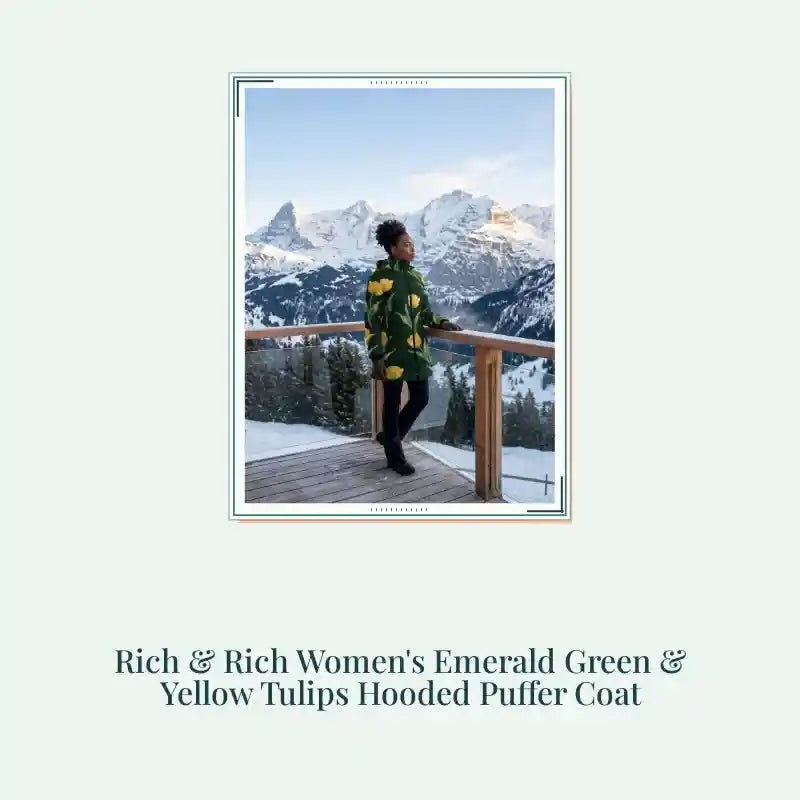 Rich &amp; Rich Women's Emerald Green &amp; Yellow Tulips Hooded Puffer Coat by@Outfy