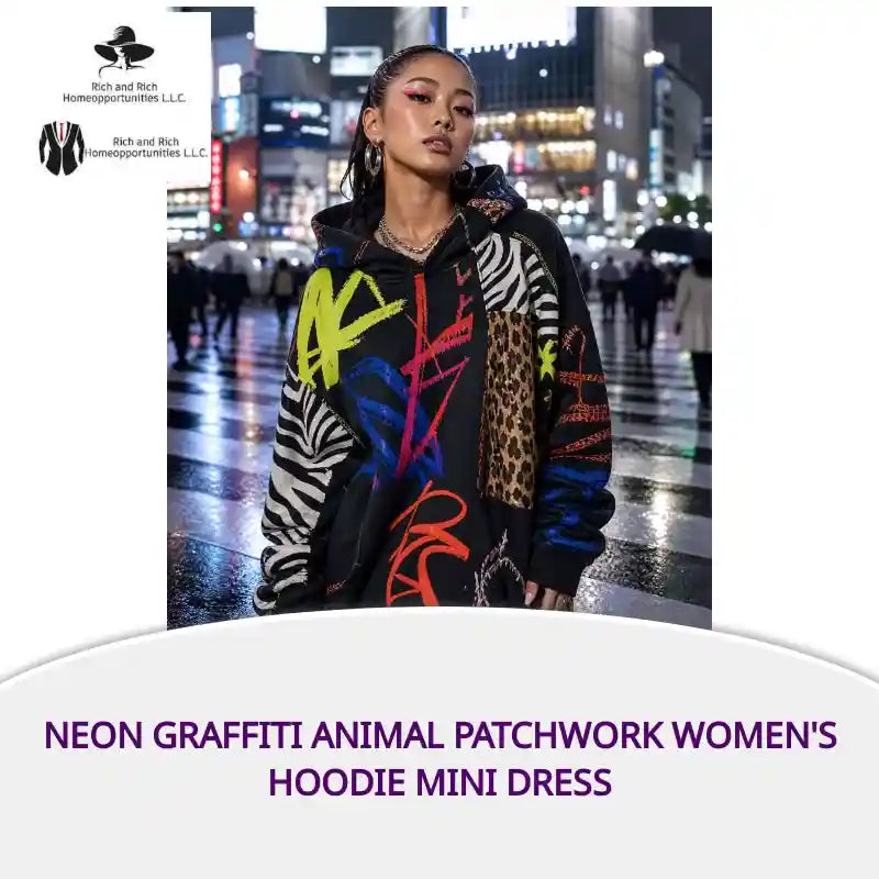 Neon Graffiti Animal Patchwork Women's Hoodie Mini Dress by@Outfy