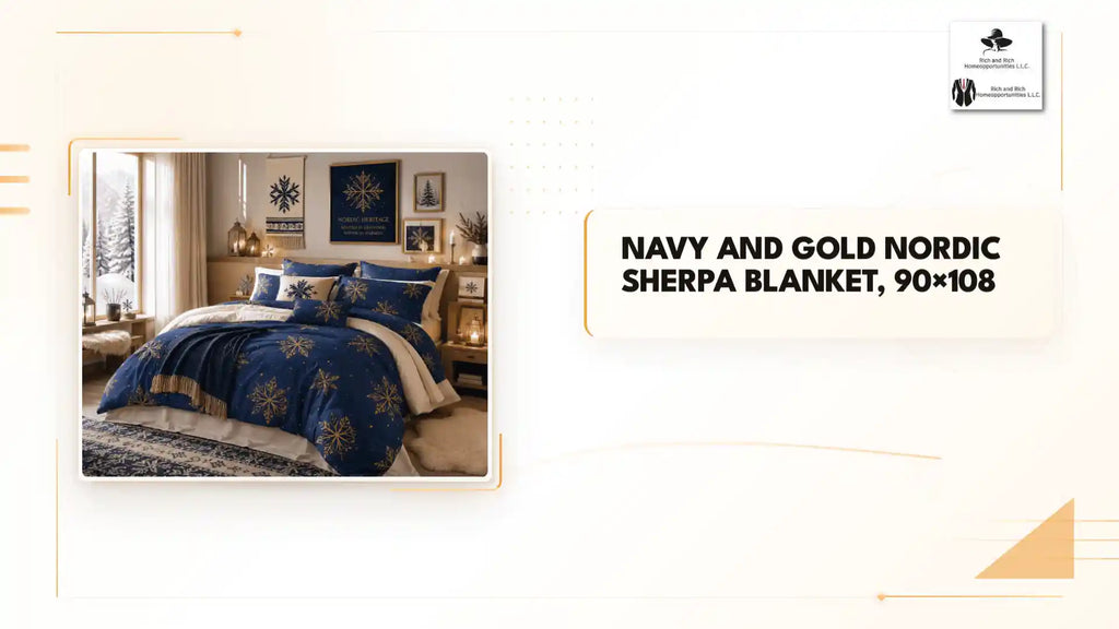 Navy and Gold Nordic Sherpa Blanket, 90&times;108 by@Outfy