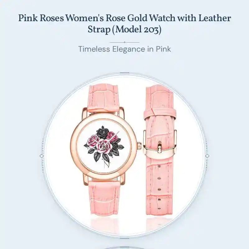 Pink Roses Women's Rose Gold Watch with Leather Strap (Model 203) by@Outfy