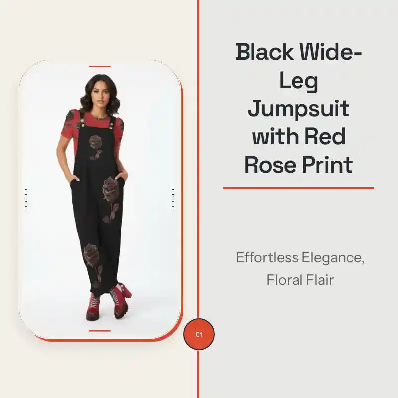 Black Wide-Leg Jumpsuit with Red Rose Print by@Outfy