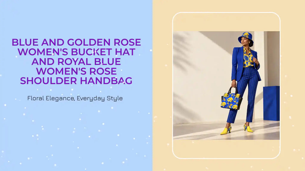 Blue and Golden Rose Women's Bucket Hat and Royal Blue Women's Rose Shoulder Handbag by@Outfy