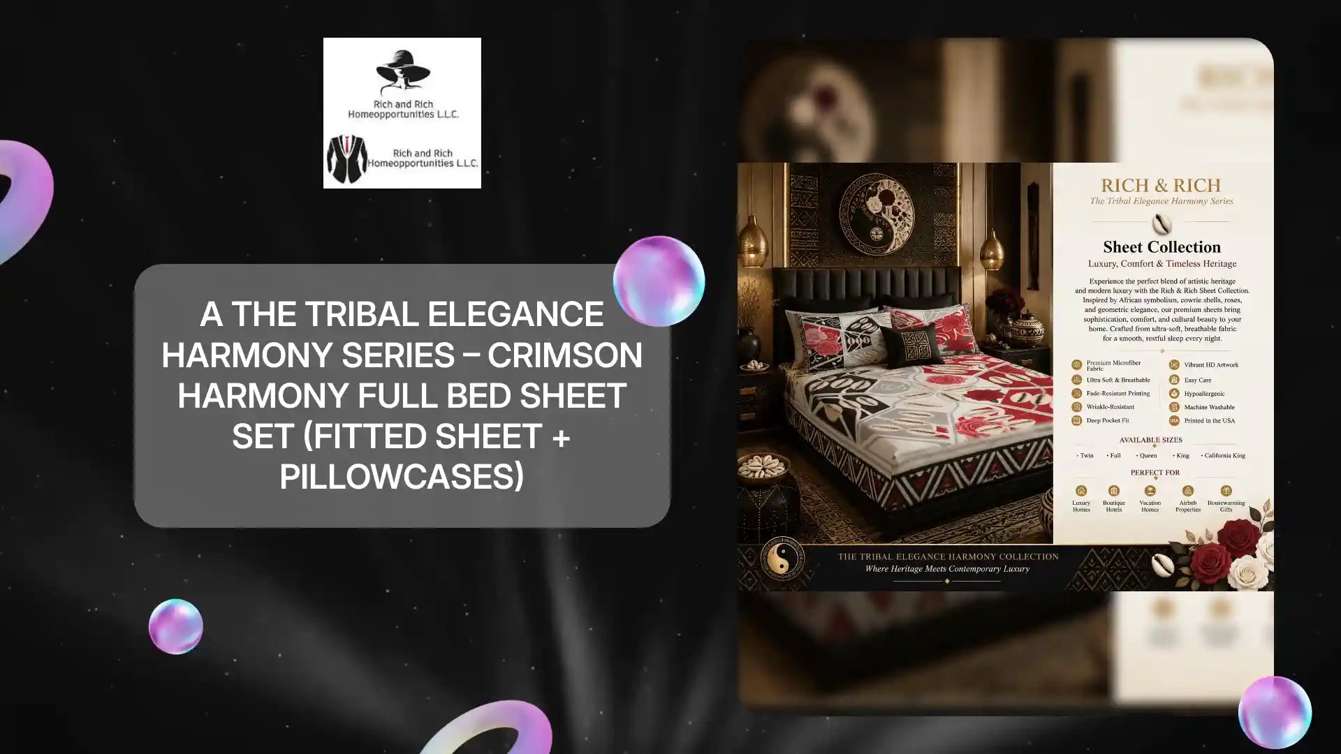 A The Tribal Elegance Harmony Series and Crimson Harmony Full Bed Sheet Set (Fitted Sheet + Pillowcases) by@Outfy