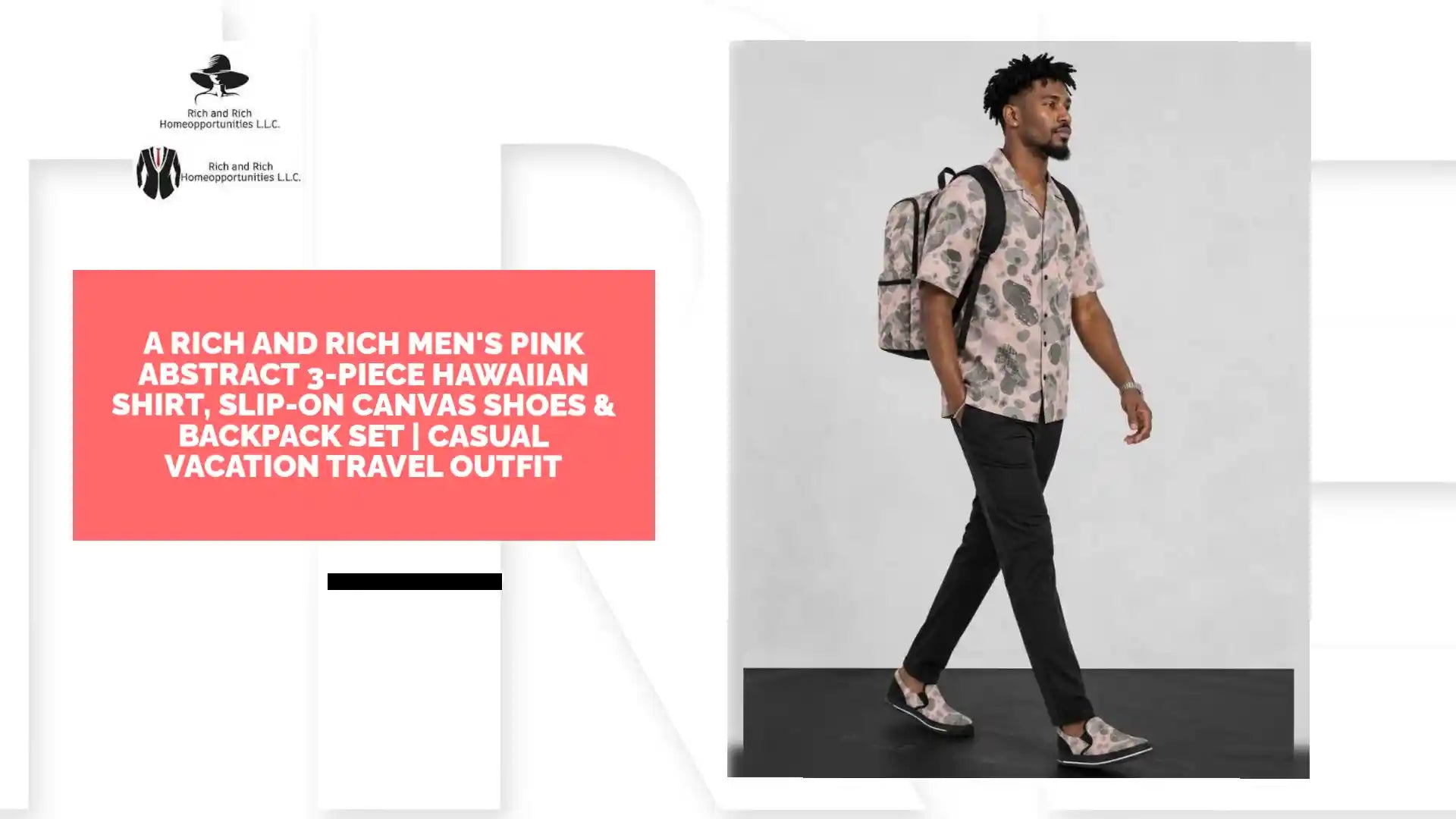 A Rich and Rich Men's Pink Abstract 3-Piece Hawaiian Shirt, Slip-On Canvas Shoes & Backpack Set | Casual Vacation Travel Outfit by@Outfy