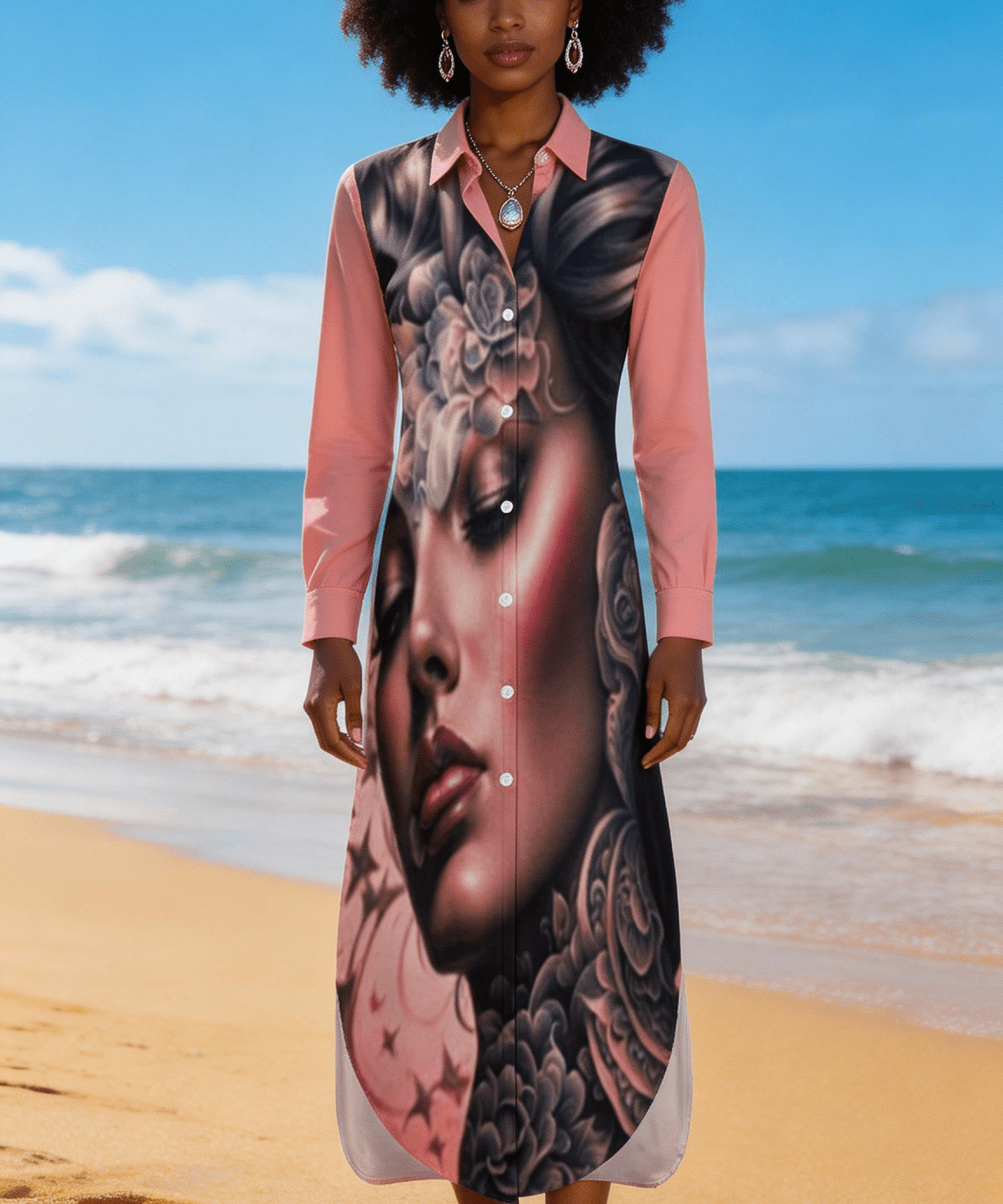 Pink button-up long-sleeve shirt dress with split hem and all-over silhouette print — alternate view