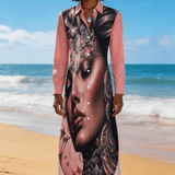 Pink button-up long-sleeve shirt dress with split hem and all-over silhouette print — alternate view