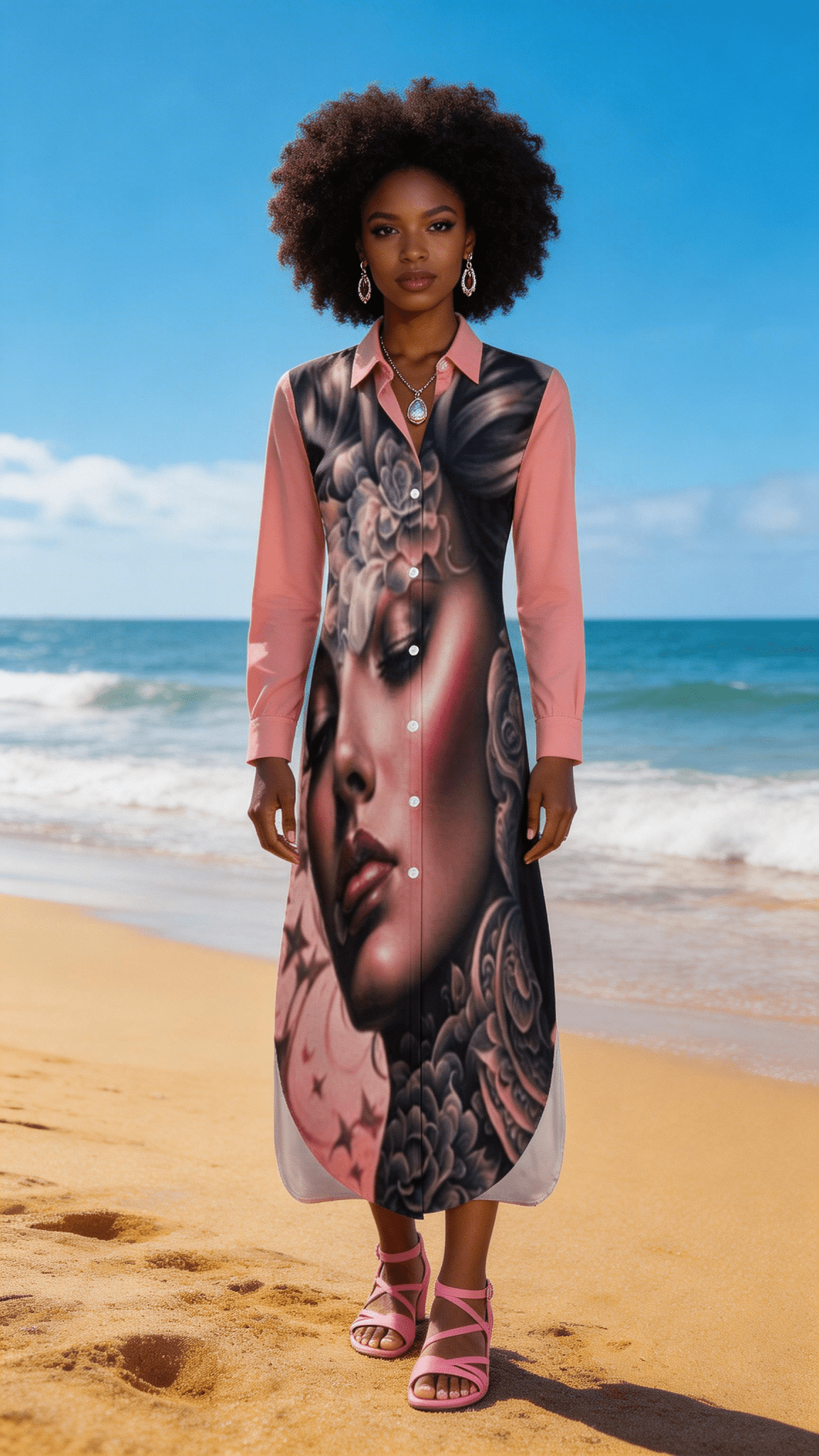 Pink button-up long-sleeve shirt dress with split hem and all-over silhouette print — alternate view