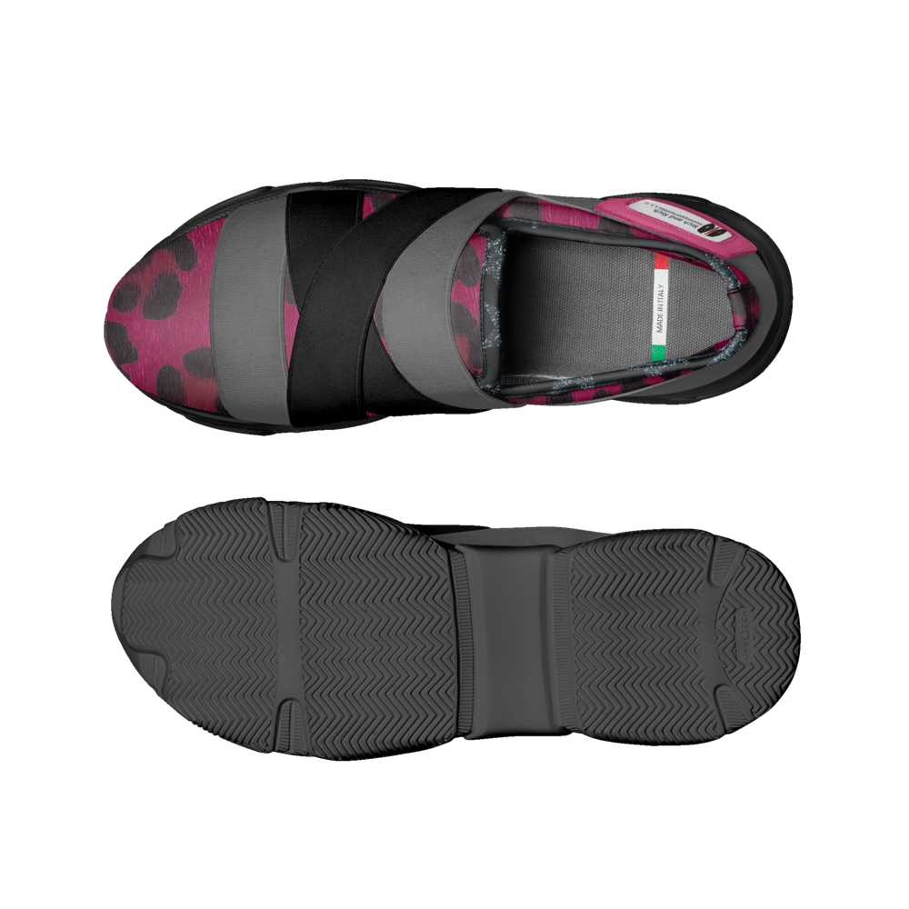 Magenta and gray elastic slip-on women's sneaker with low-profile rubber sole and logo window — additional view 8