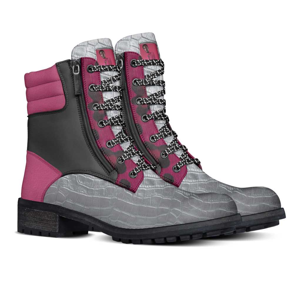 R&RH Grey Magenta Zip Women's Military Boot with zipper detail