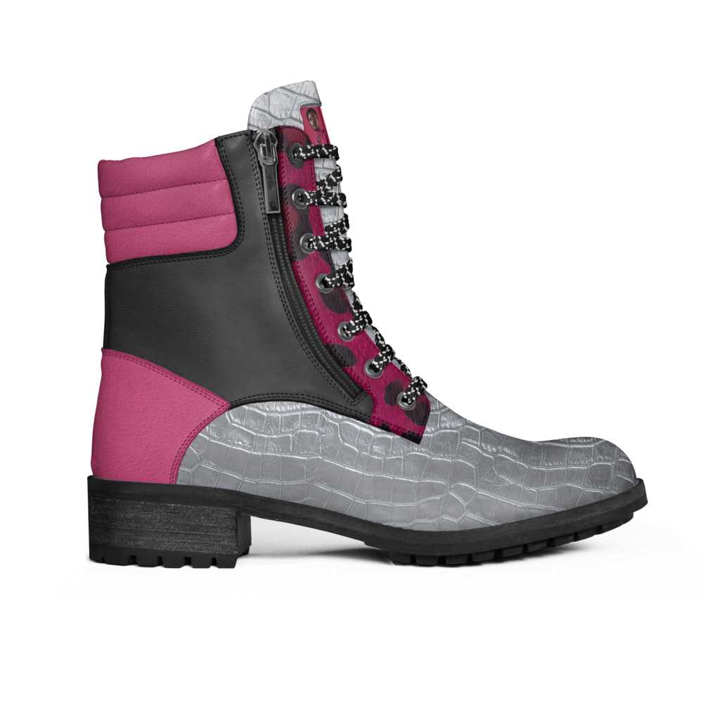 R&RH Grey Magenta Zip Women's Military Boot with zipper detail
