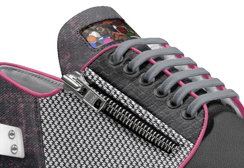 Black and pink women's ankle boots with metal guitar-inspired accents — product detail