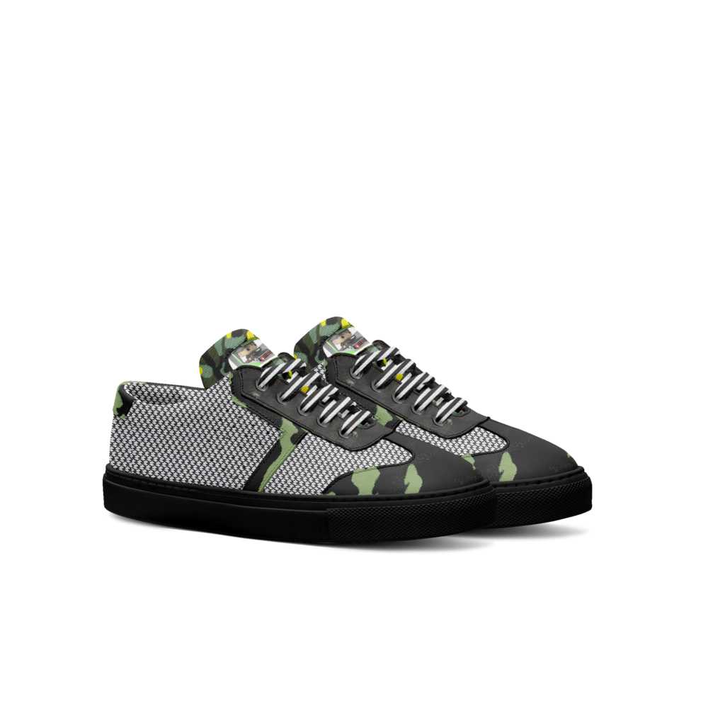 Kids black and green camo low-top sneakers with quilted tongue and thin rubber cup sole — alternate view