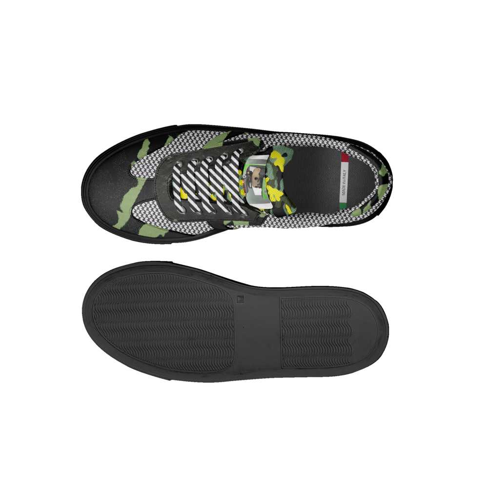 Kids black and green camo low-top sneakers with quilted tongue and thin rubber cup sole — additional view 8