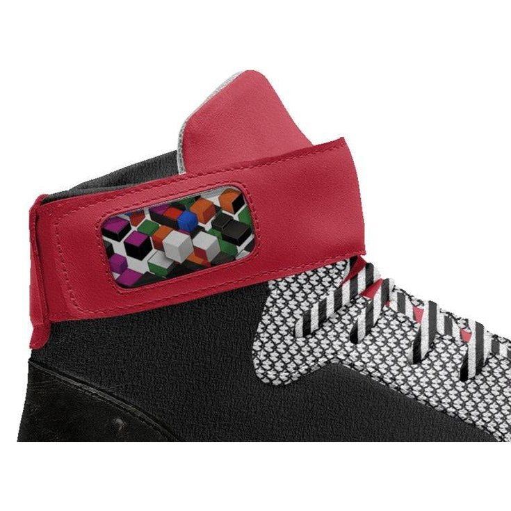 Kids high-top sneakers with red and black checker pattern, branded ankle strap and a bumper cup sole — product detail