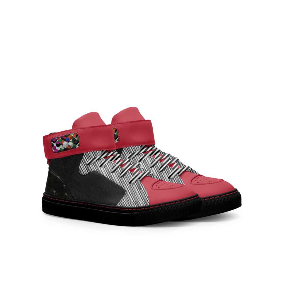Kids high-top sneakers with red and black checker pattern, branded ankle strap and a bumper cup sole — alternate view