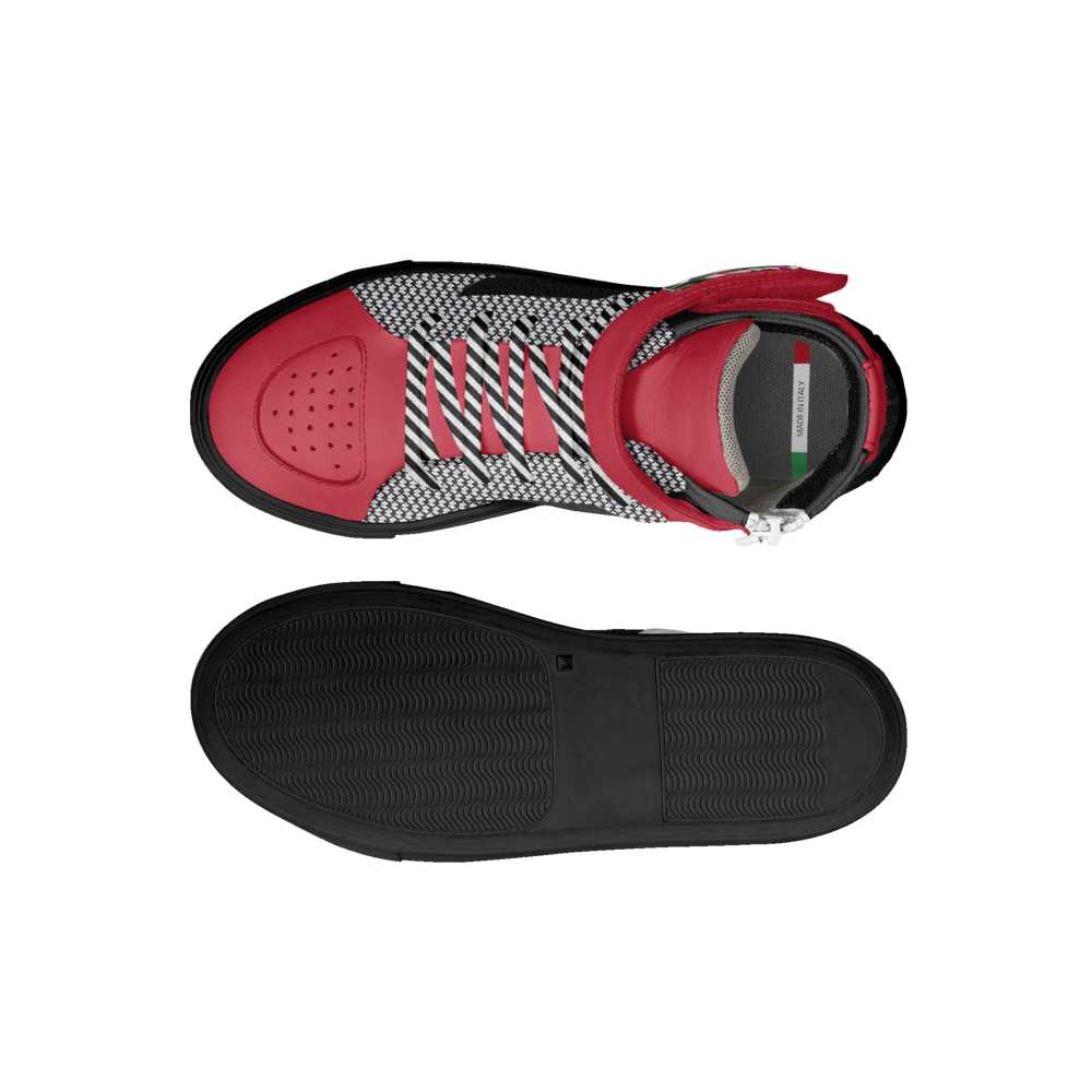 Kids high-top sneakers with red and black checker pattern, branded ankle strap and a bumper cup sole — additional view 8