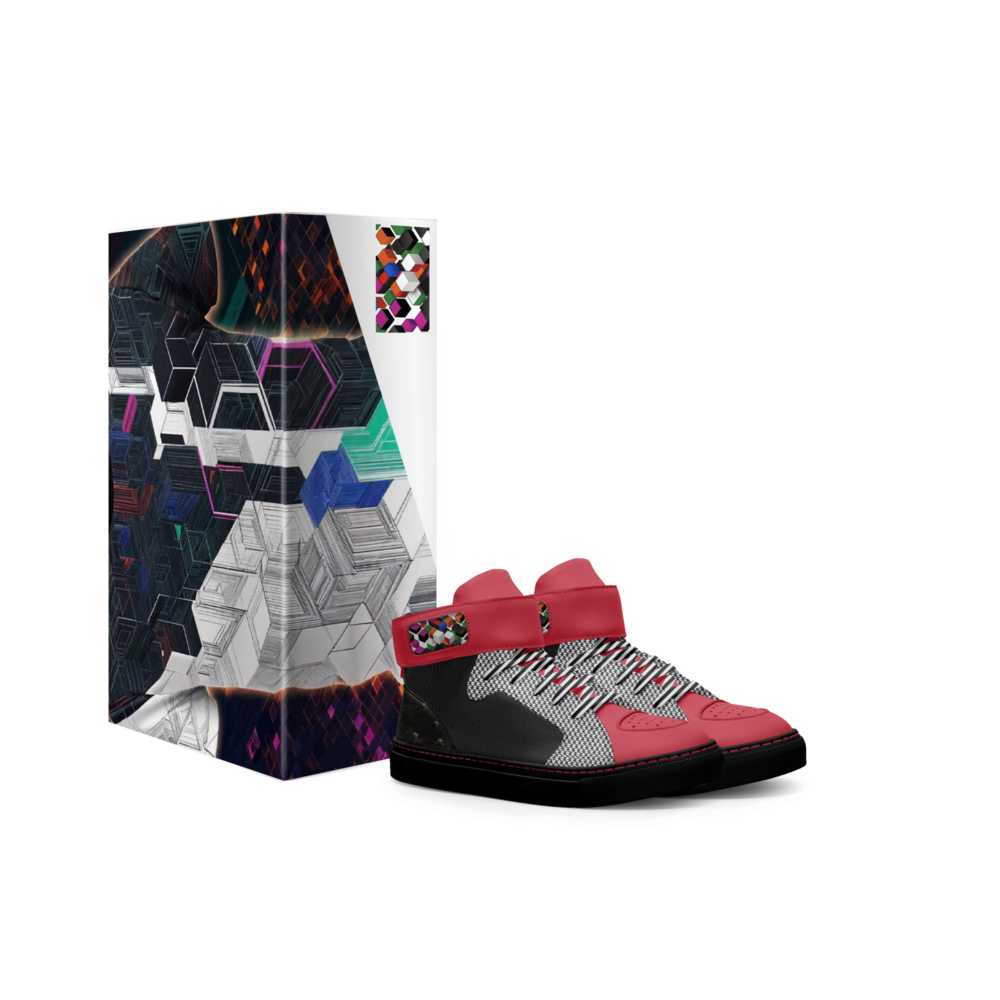 Kids high-top sneakers with red and black checker pattern, branded ankle strap and a bumper cup sole