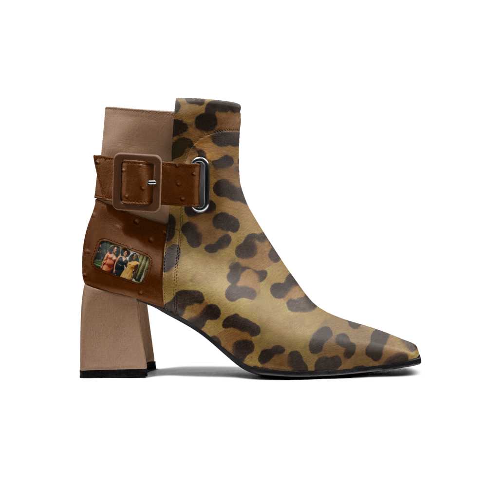 Brown animal-print women's high-top boot with oversized side belt and a 7 cm square heel — rear view