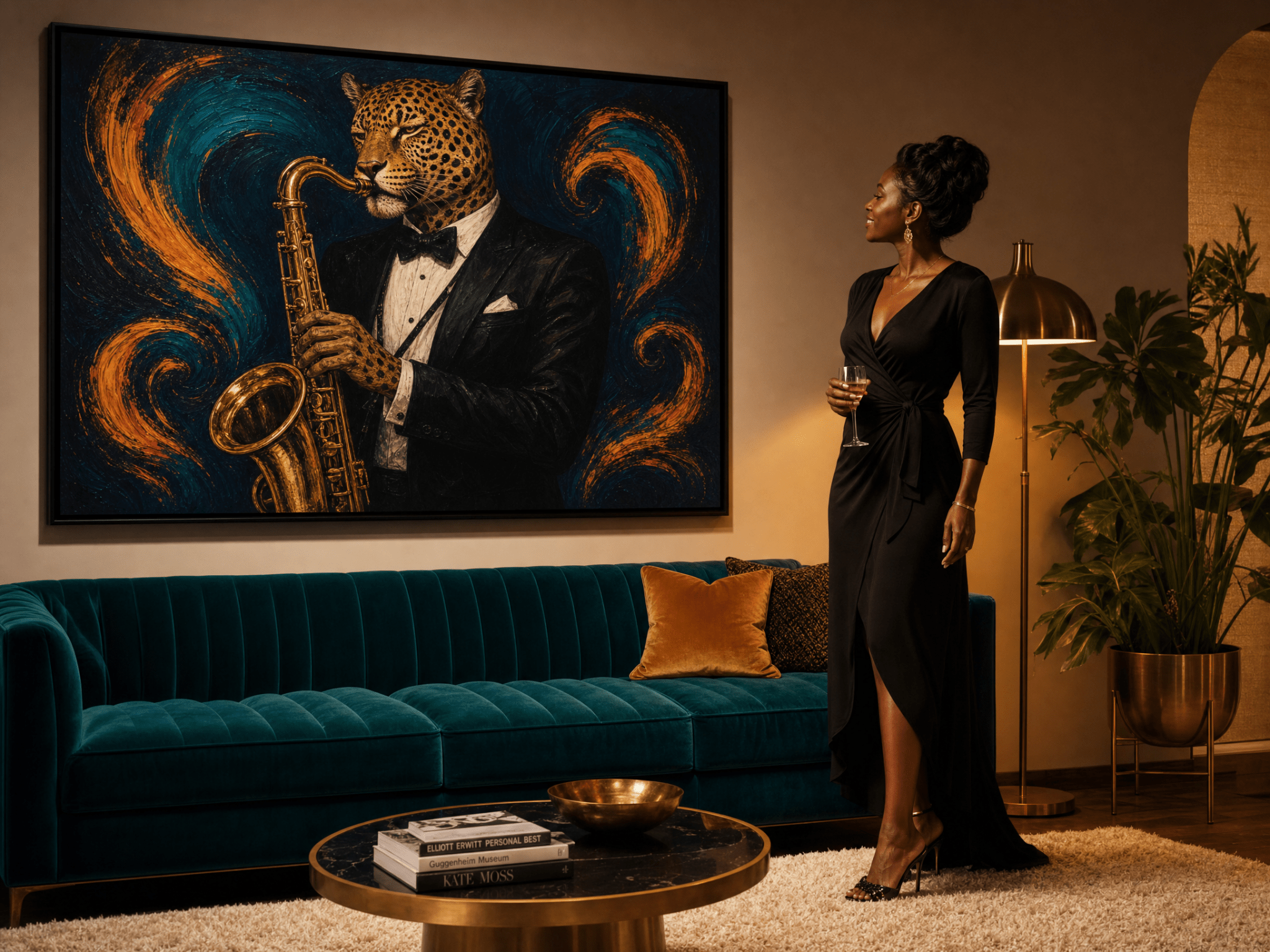 Gallery-wrapped canvas of tuxedo-clad leopard saxophone player with orange and teal brushstrokes on navy