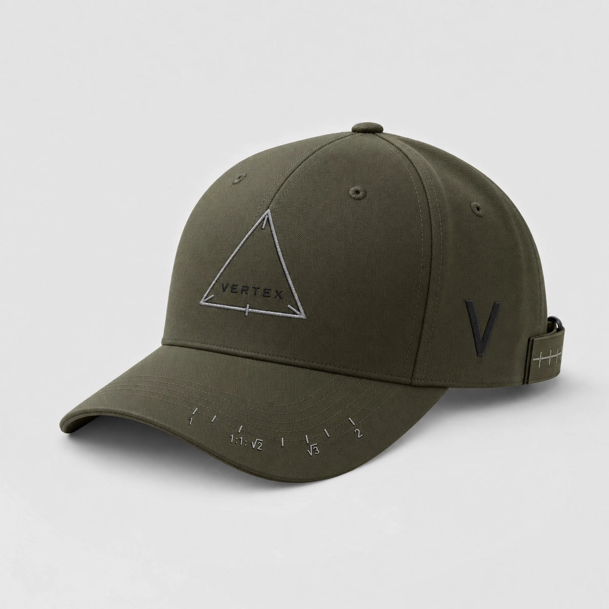 Vertex Equilateral Mark Baseball Baseball Cap in olive with graphite geometric Vertex menswear design