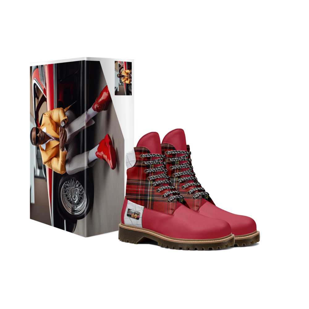 Red Italian leather hightop boot with square-pattern stitching and embossed logo — additional view 12