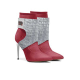 Women's red leather stiletto heels with layered panels and a 10.5 cm heel and black sole — side view