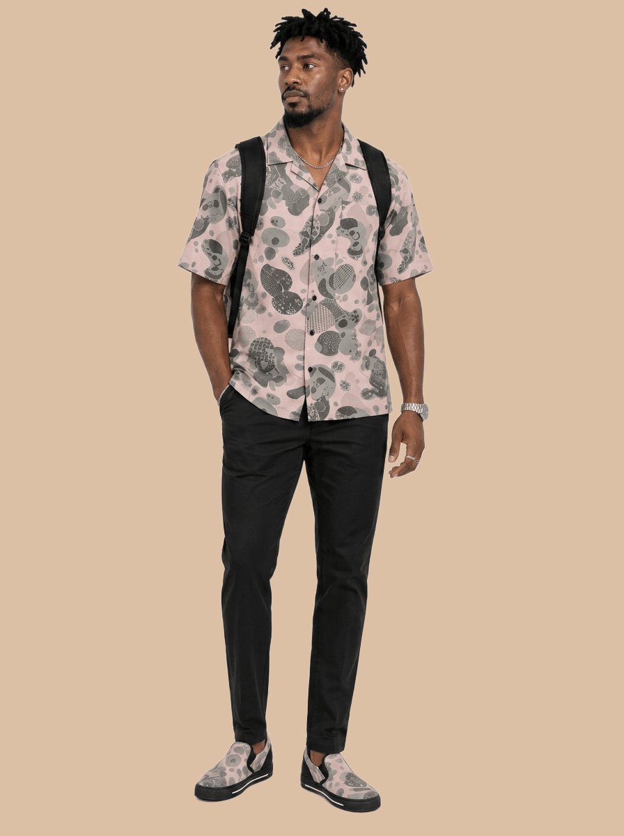 Rich and Rich Men's Pink Abstract 3-Piece Hawaiian Shirt, Slip-On Canvas Shoes & Backpack Set | Casual Vacation Travel Outfit - Rich and Rich Homeopportunities