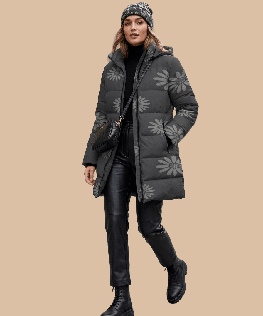 Women's matte black hooded puffer coat with floral all-over print and detachable hood — alternate view