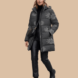 Women's matte black hooded puffer coat with floral all-over print and detachable hood — alternate view