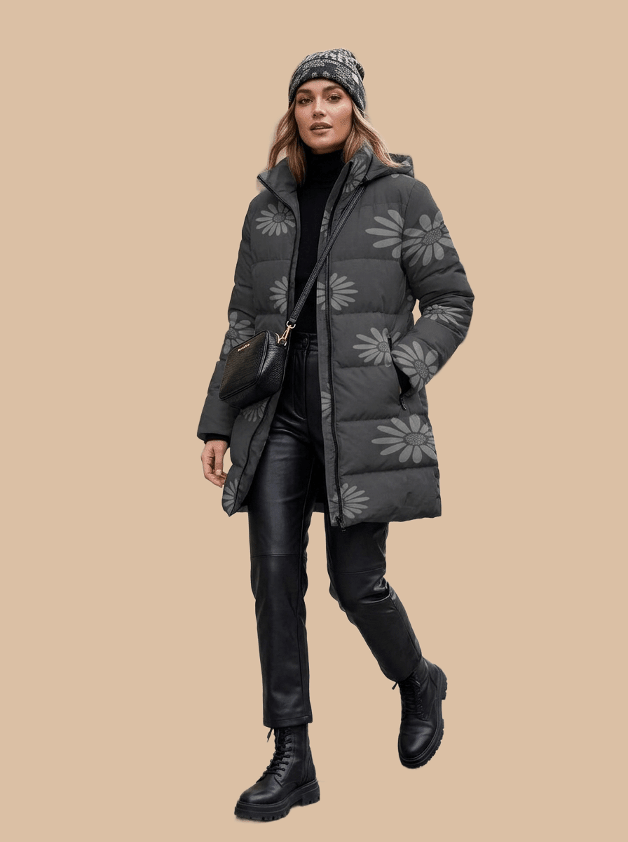 Rich and Rich Women's Matte Black and Floral Hooded Puffer Coat | Luxury Winter Jacket with Detachable Hood - Rich and Rich Homeopportunities