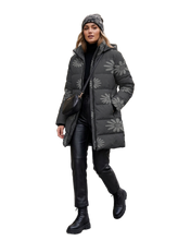Load image into Gallery viewer, Rich and Rich Women's Matte Black and Floral Hooded Puffer Coat | Luxury Winter Jacket with Detachable Hood
