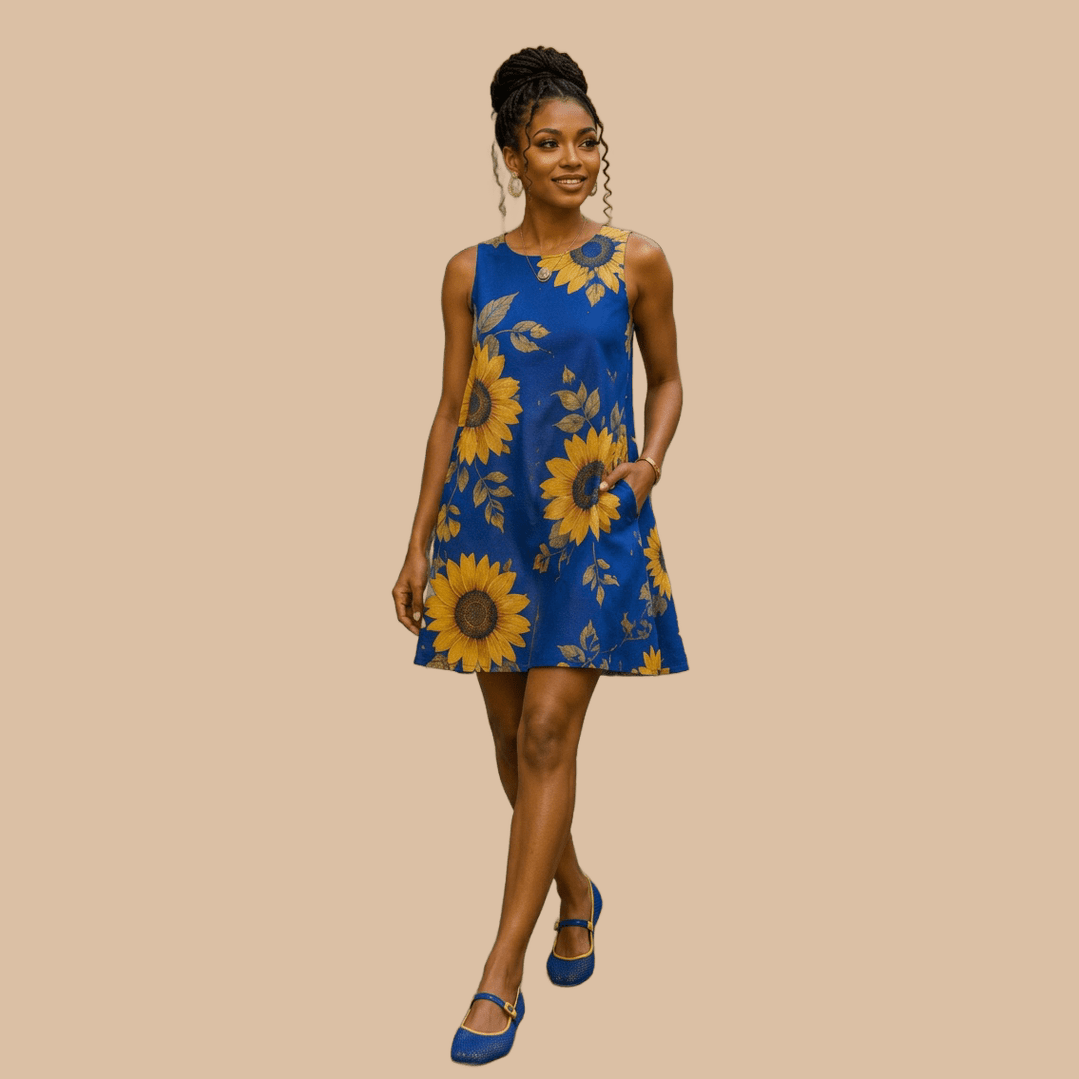 Sleeveless A-line dress in sunflower blue floral print with side pockets