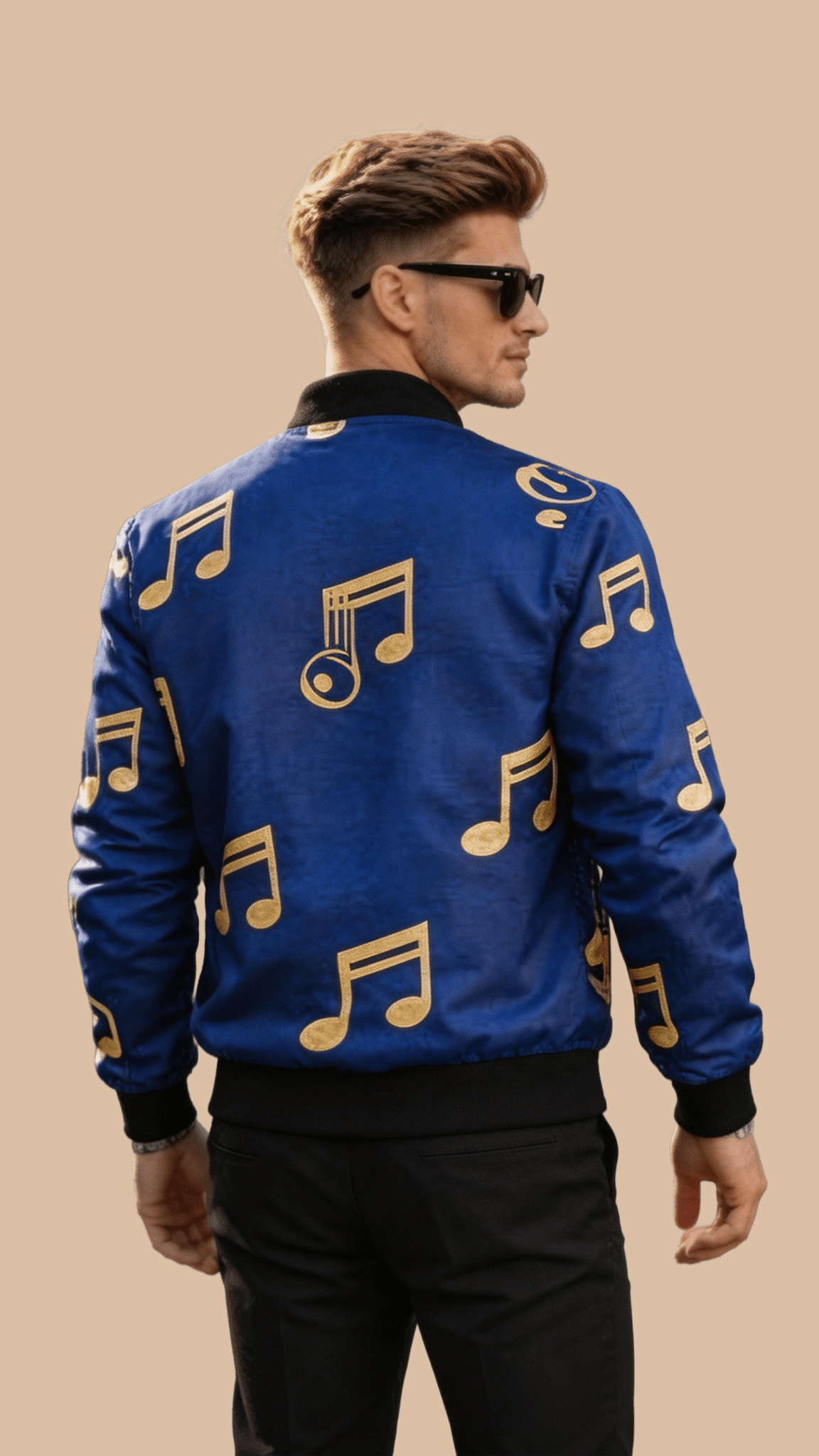 Royal blue men's bomber jacket with musical notes print and ribbed collar — additional view 8