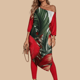 Women's off-shoulder two-piece set with diagonal safari green and red floral print — side view
